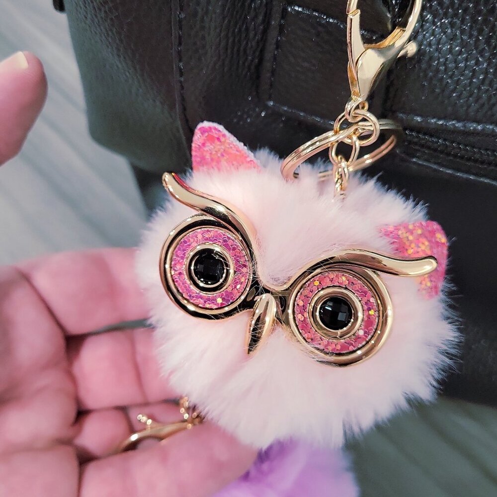 Fluffy Pom Pom Owl with Glasses Keychain Bag Charm Pink🦉 - Picture 3 of 5